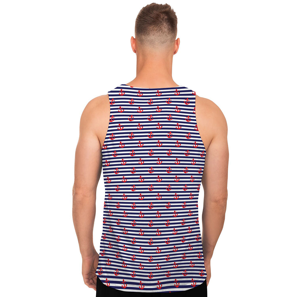 Blue Striped Nautical Anchor Print Men's Tank Top