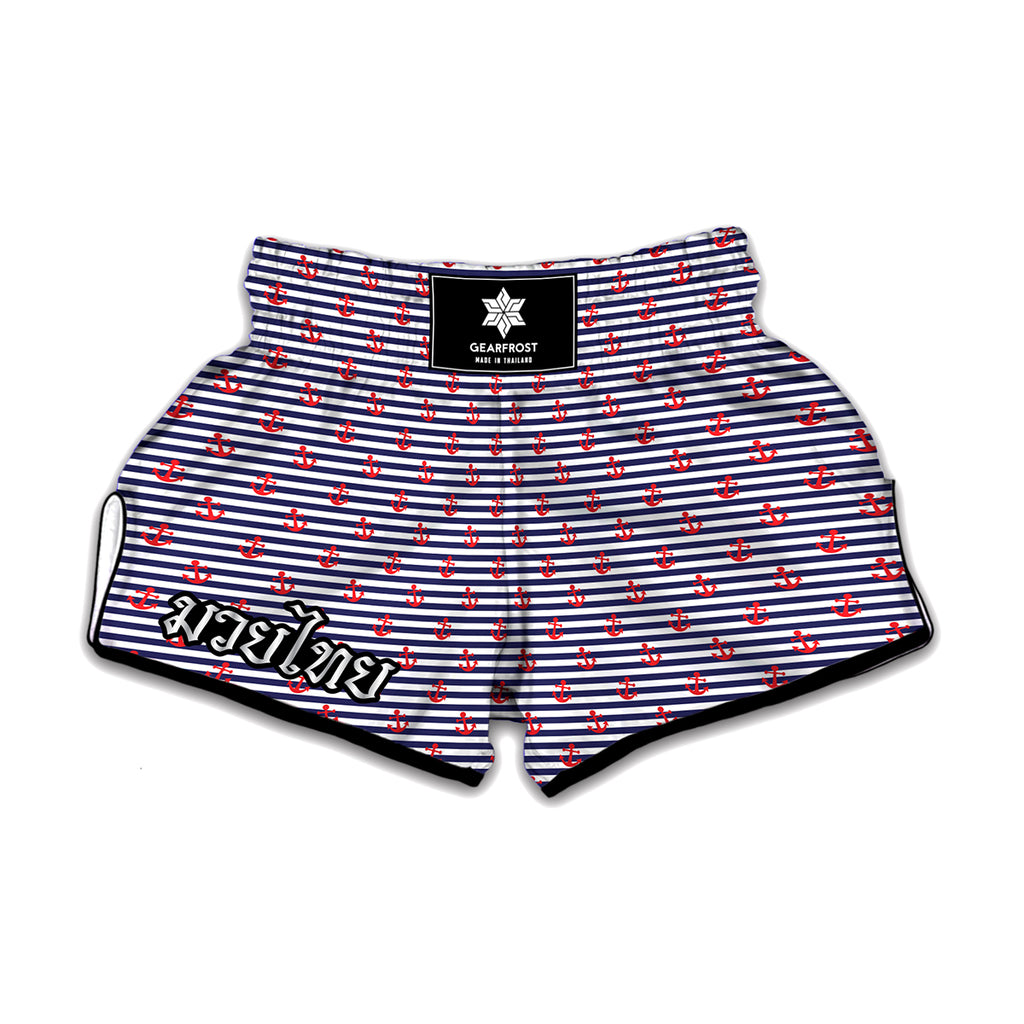 Blue Striped Nautical Anchor Print Muay Thai Boxing Shorts