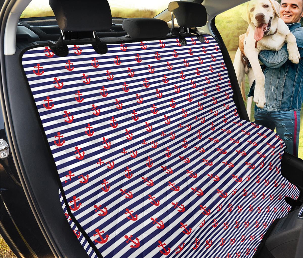 Blue Striped Nautical Anchor Print Pet Car Back Seat Cover