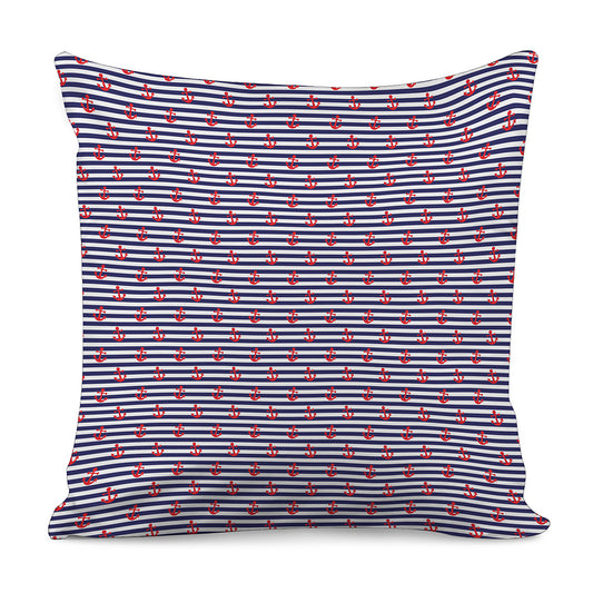 Blue Striped Nautical Anchor Print Pillow Cover