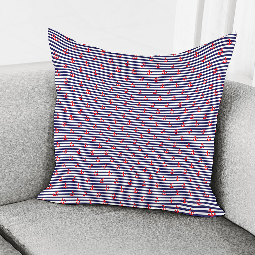 Blue Striped Nautical Anchor Print Pillow Cover