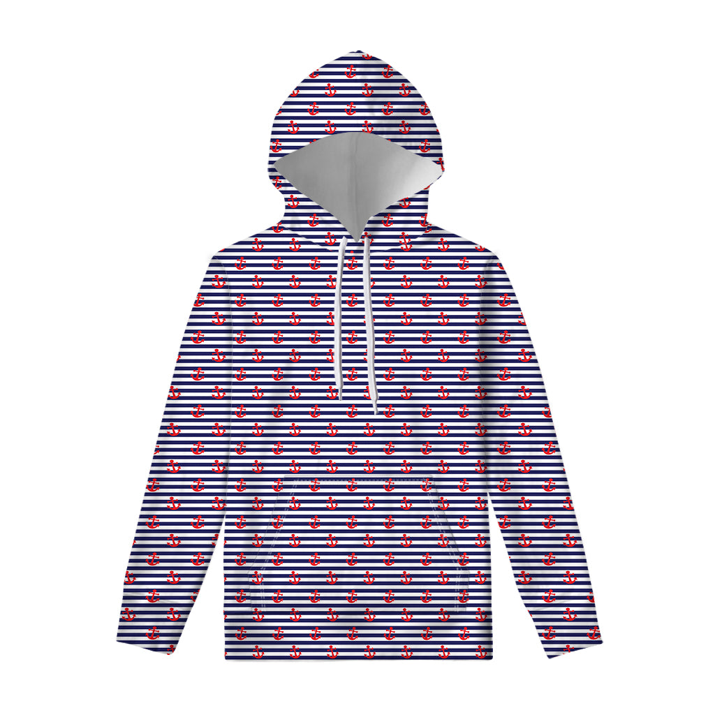 Blue Striped Nautical Anchor Print Pullover Hoodie