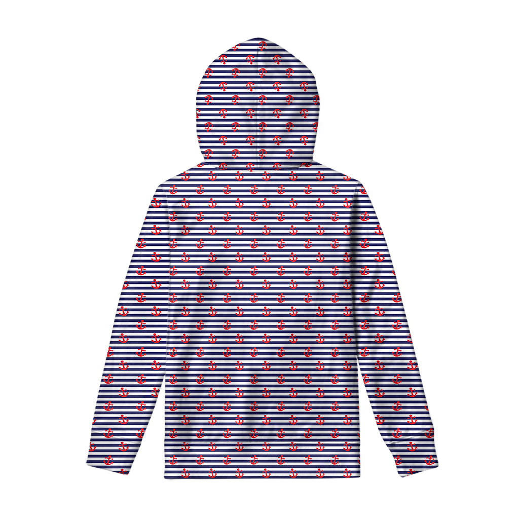 Blue Striped Nautical Anchor Print Pullover Hoodie