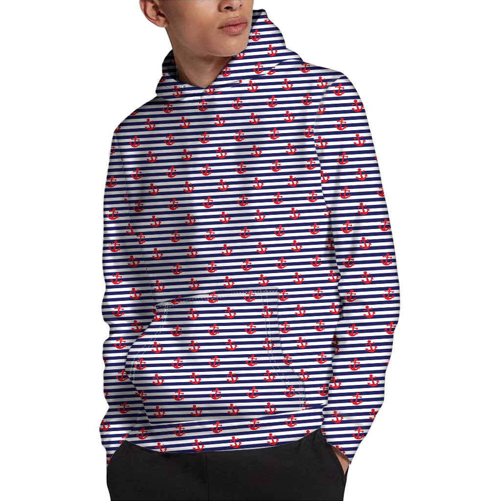 Blue Striped Nautical Anchor Print Pullover Hoodie