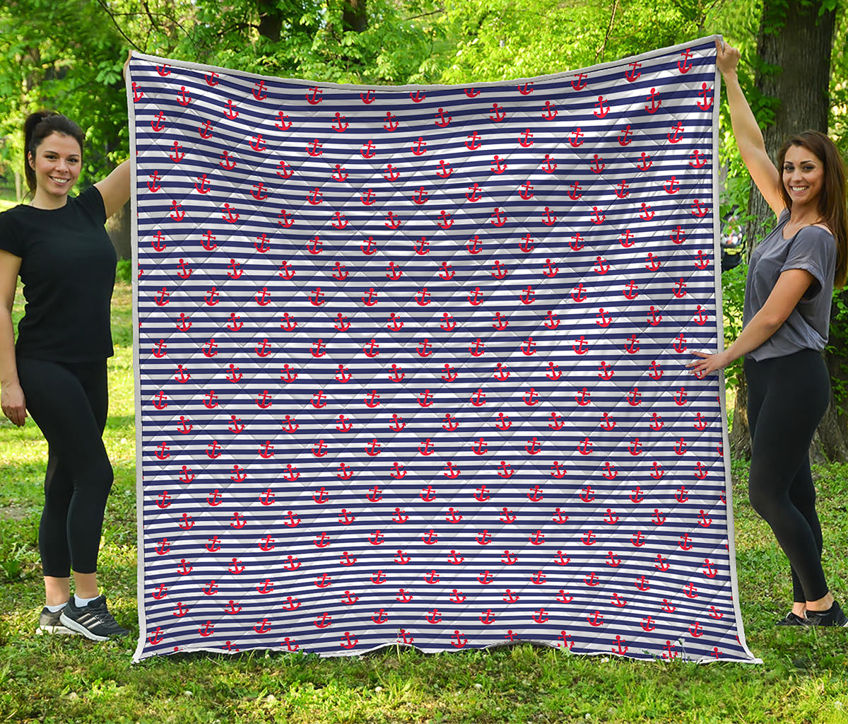 Blue Striped Nautical Anchor Print Quilt