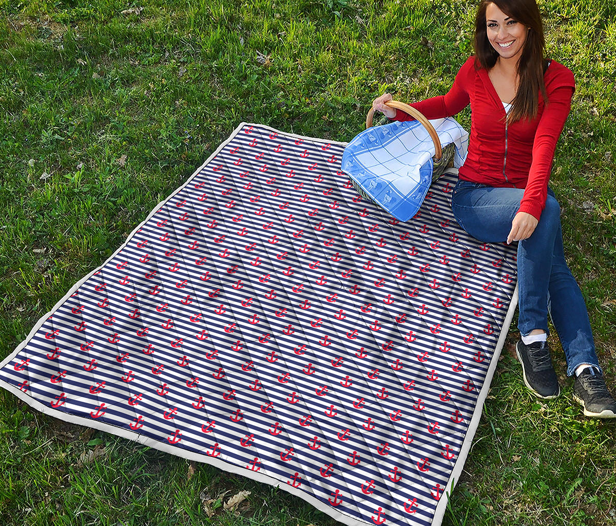 Blue Striped Nautical Anchor Print Quilt