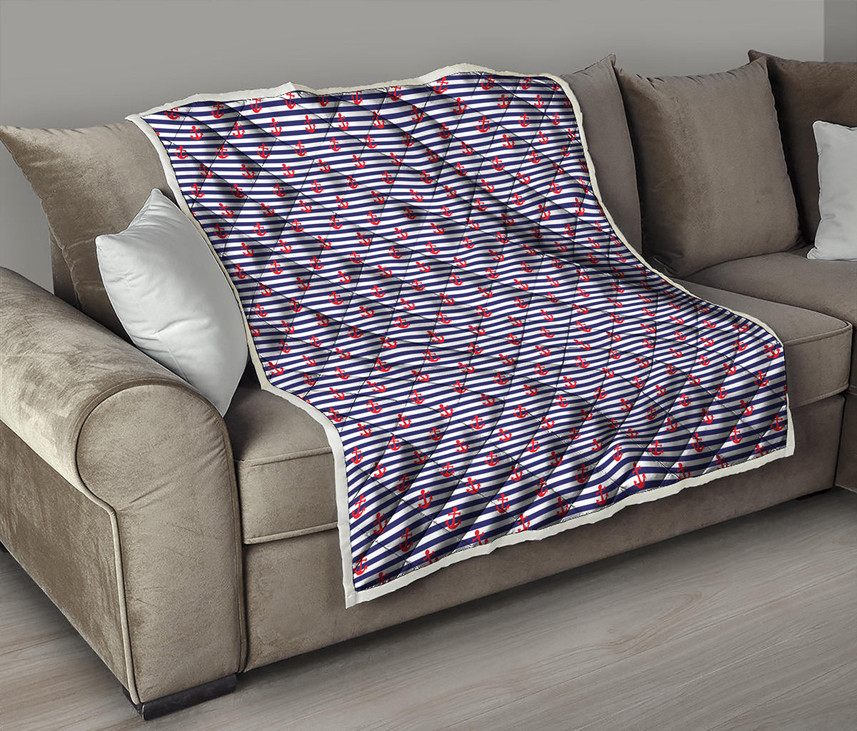 Blue Striped Nautical Anchor Print Quilt