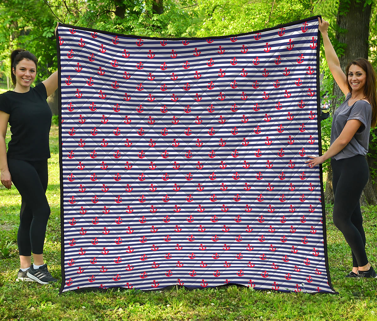 Blue Striped Nautical Anchor Print Quilt