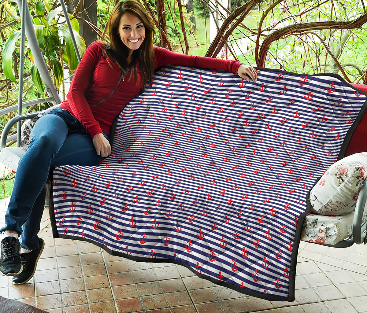 Blue Striped Nautical Anchor Print Quilt