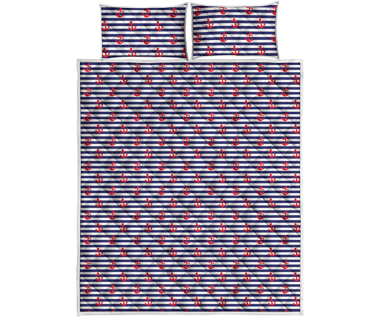 Blue Striped Nautical Anchor Print Quilt Bed Set