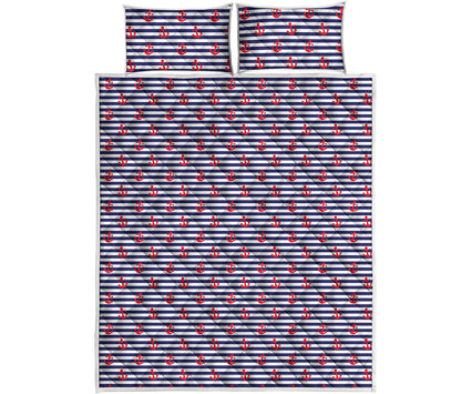 Blue Striped Nautical Anchor Print Quilt Bed Set