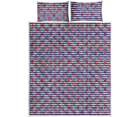 Blue Striped Nautical Anchor Print Quilt Bed Set