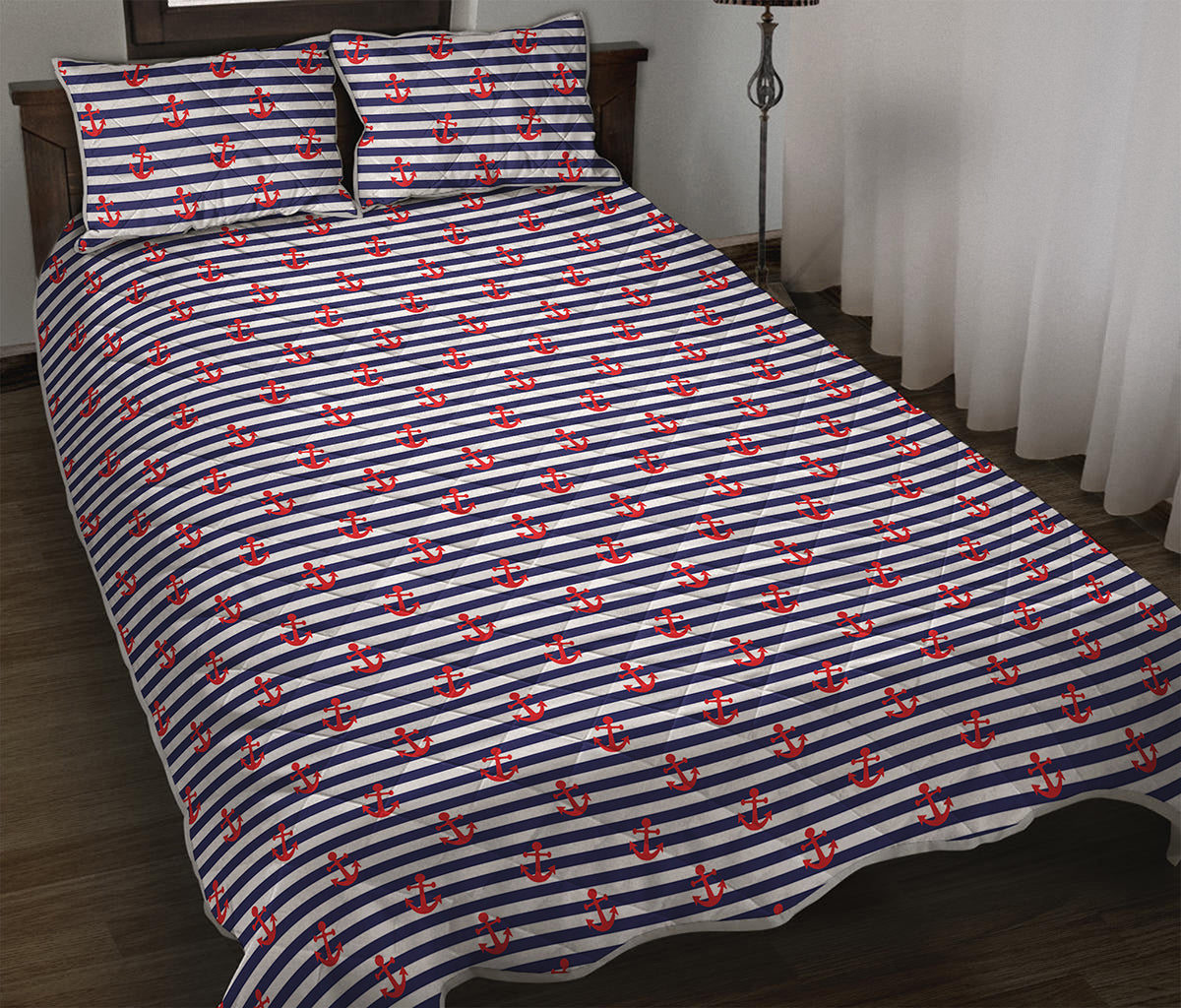 Blue Striped Nautical Anchor Print Quilt Bed Set