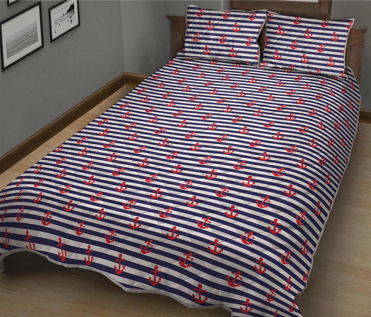 Blue Striped Nautical Anchor Print Quilt Bed Set
