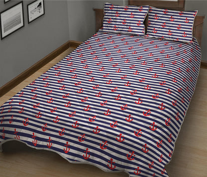 Blue Striped Nautical Anchor Print Quilt Bed Set