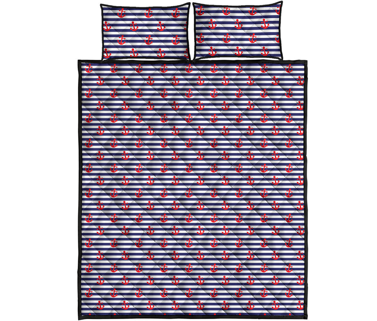 Blue Striped Nautical Anchor Print Quilt Bed Set