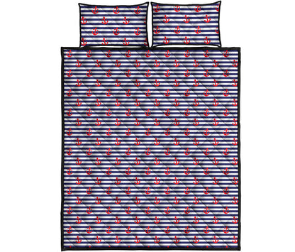 Blue Striped Nautical Anchor Print Quilt Bed Set