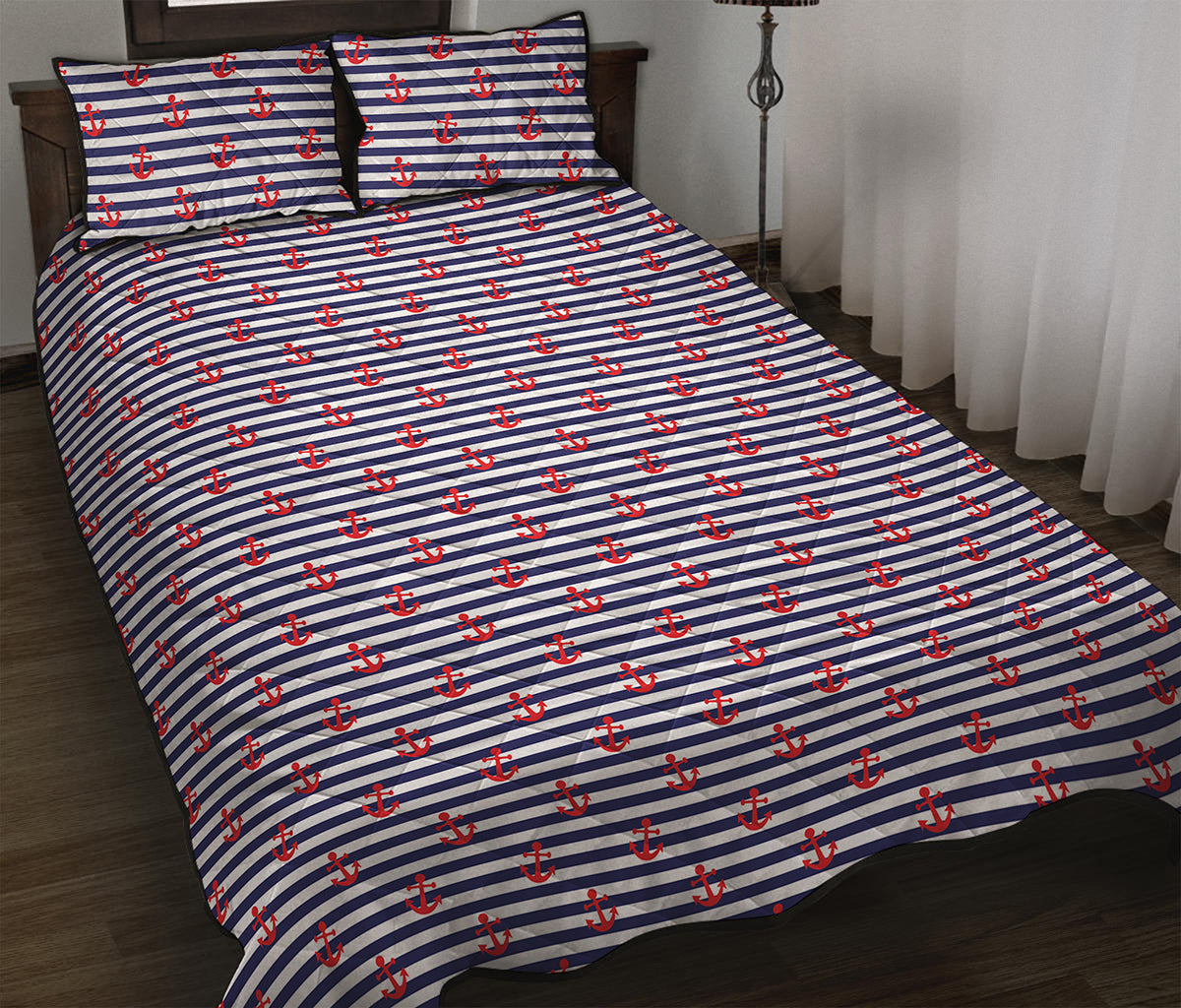 Blue Striped Nautical Anchor Print Quilt Bed Set