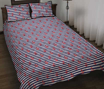 Blue Striped Nautical Anchor Print Quilt Bed Set
