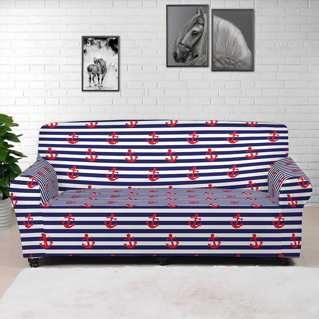 Blue Striped Nautical Anchor Print Sofa Cover