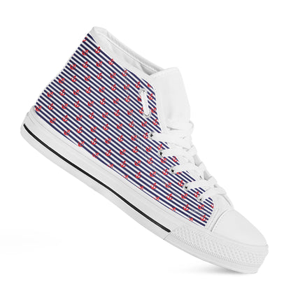 Blue Striped Nautical Anchor Print White High Top Shoes