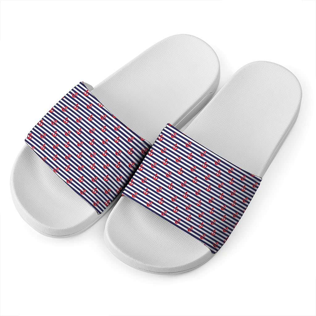 Blue Striped Nautical Anchor Print White Slide Sandals