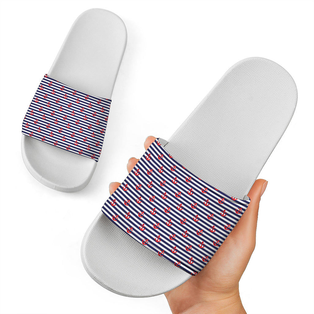 Blue Striped Nautical Anchor Print White Slide Sandals