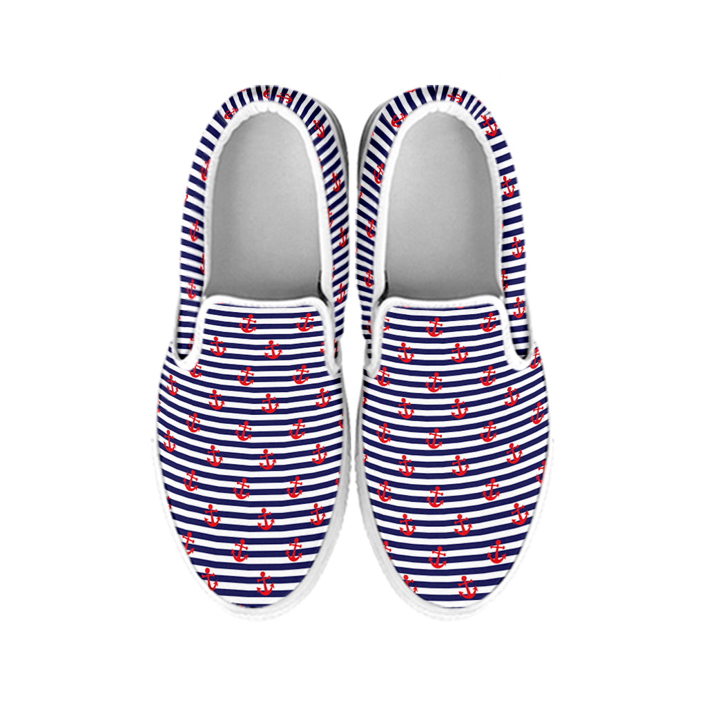 Blue Striped Nautical Anchor Print White Slip On Shoes
