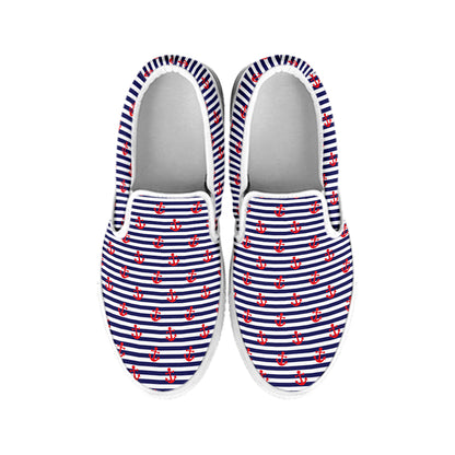 Blue Striped Nautical Anchor Print White Slip On Shoes