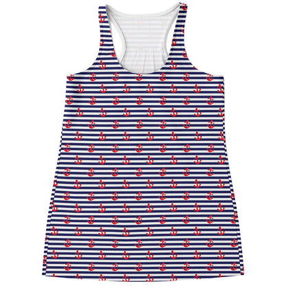 Blue Striped Nautical Anchor Print Women's Racerback Tank Top