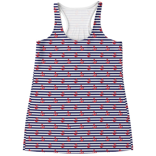 Blue Striped Nautical Anchor Print Women's Racerback Tank Top