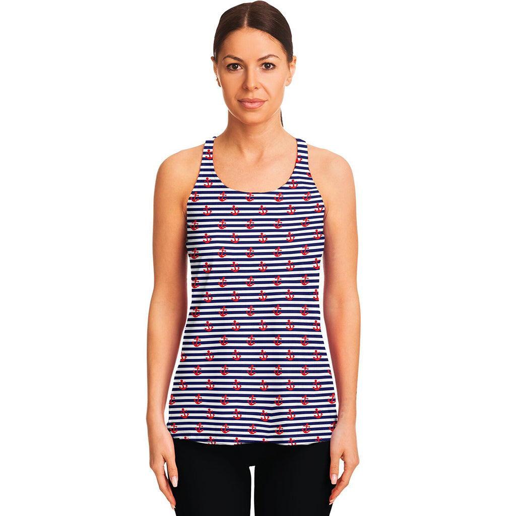 Blue Striped Nautical Anchor Print Women's Racerback Tank Top