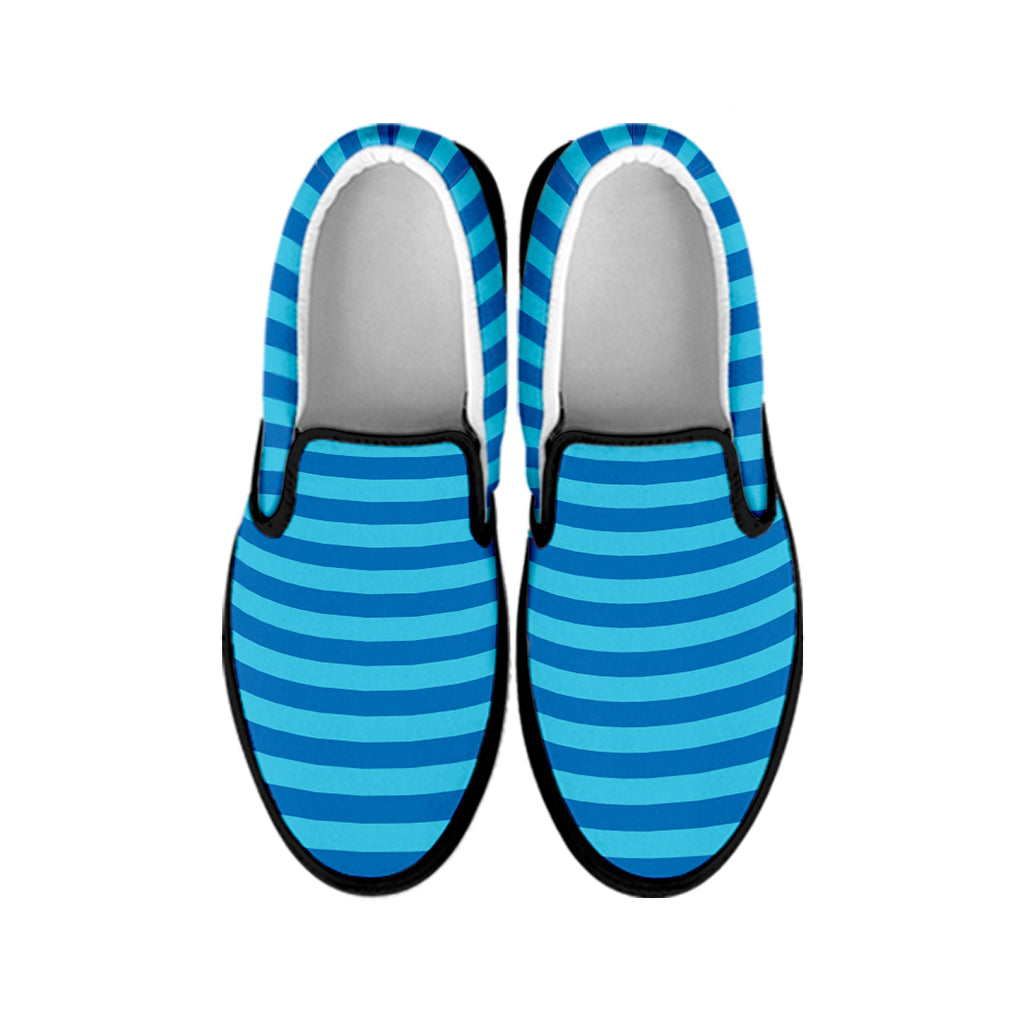 Blue Striped Pattern Print Black Slip On Shoes