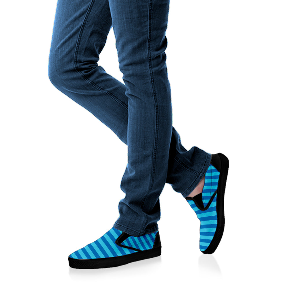 Blue Striped Pattern Print Black Slip On Shoes