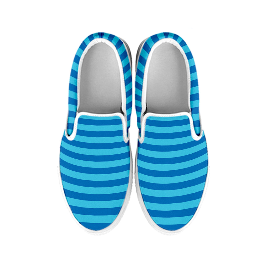 Blue Striped Pattern Print White Slip On Shoes