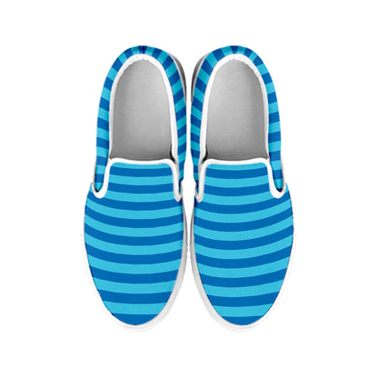 Blue Striped Pattern Print White Slip On Shoes