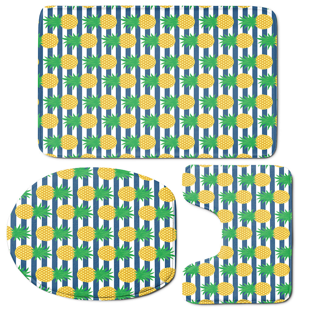 Blue Striped Pineapple Pattern Print 3 Piece Bath Mat Set