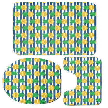 Blue Striped Pineapple Pattern Print 3 Piece Bath Mat Set
