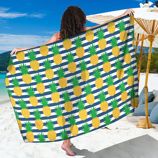 Blue Striped Pineapple Pattern Print Beach Sarong Wrap