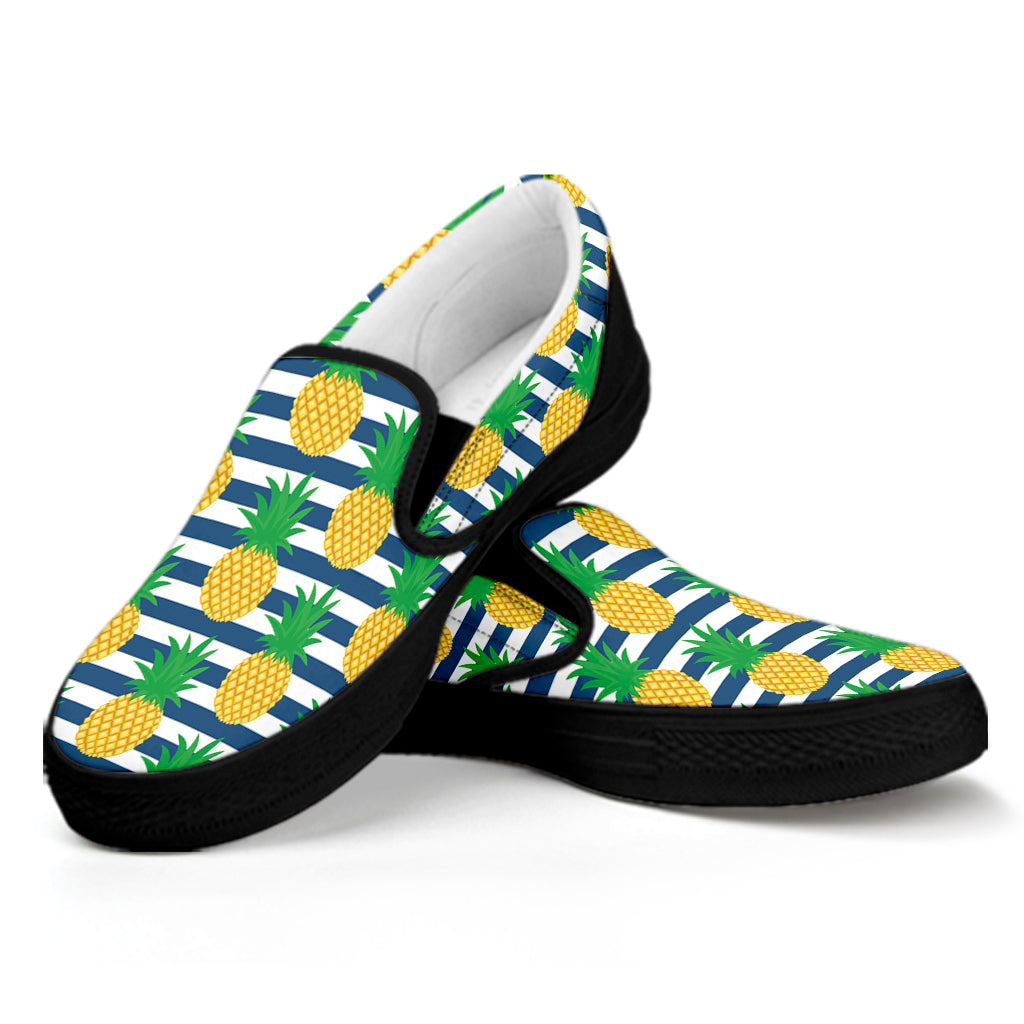 Blue Striped Pineapple Pattern Print Black Slip On Shoes
