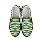 Blue Striped Pineapple Pattern Print Black Slip On Shoes