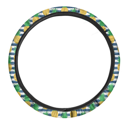 Blue Striped Pineapple Pattern Print Car Steering Wheel Cover