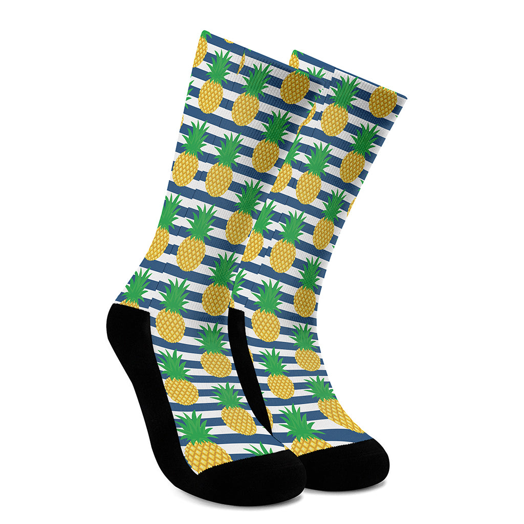 Blue Striped Pineapple Pattern Print Crew Socks