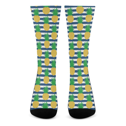Blue Striped Pineapple Pattern Print Crew Socks