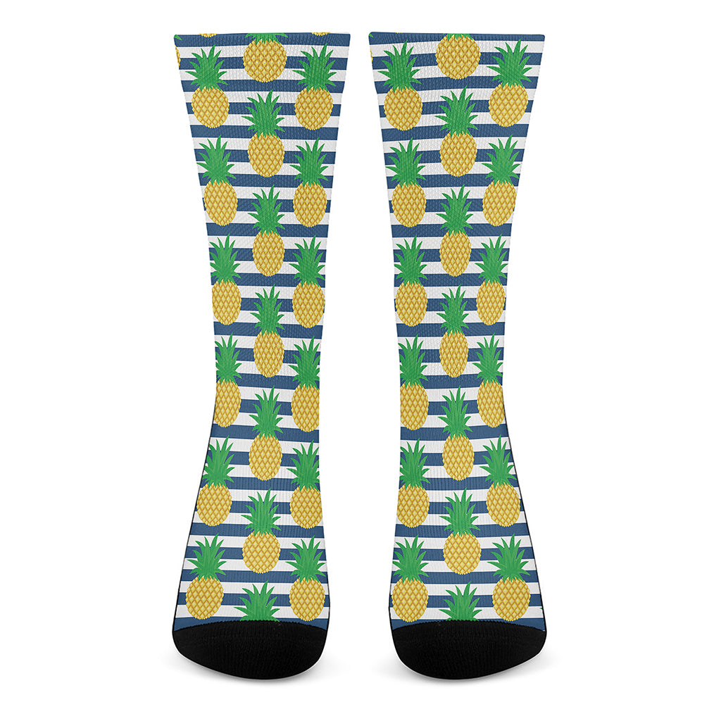 Blue Striped Pineapple Pattern Print Crew Socks