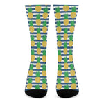 Blue Striped Pineapple Pattern Print Crew Socks