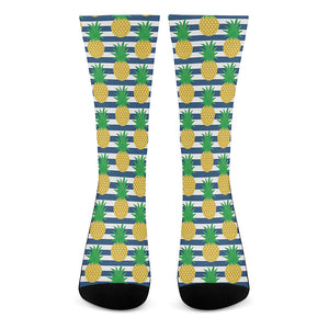 Blue Striped Pineapple Pattern Print Crew Socks