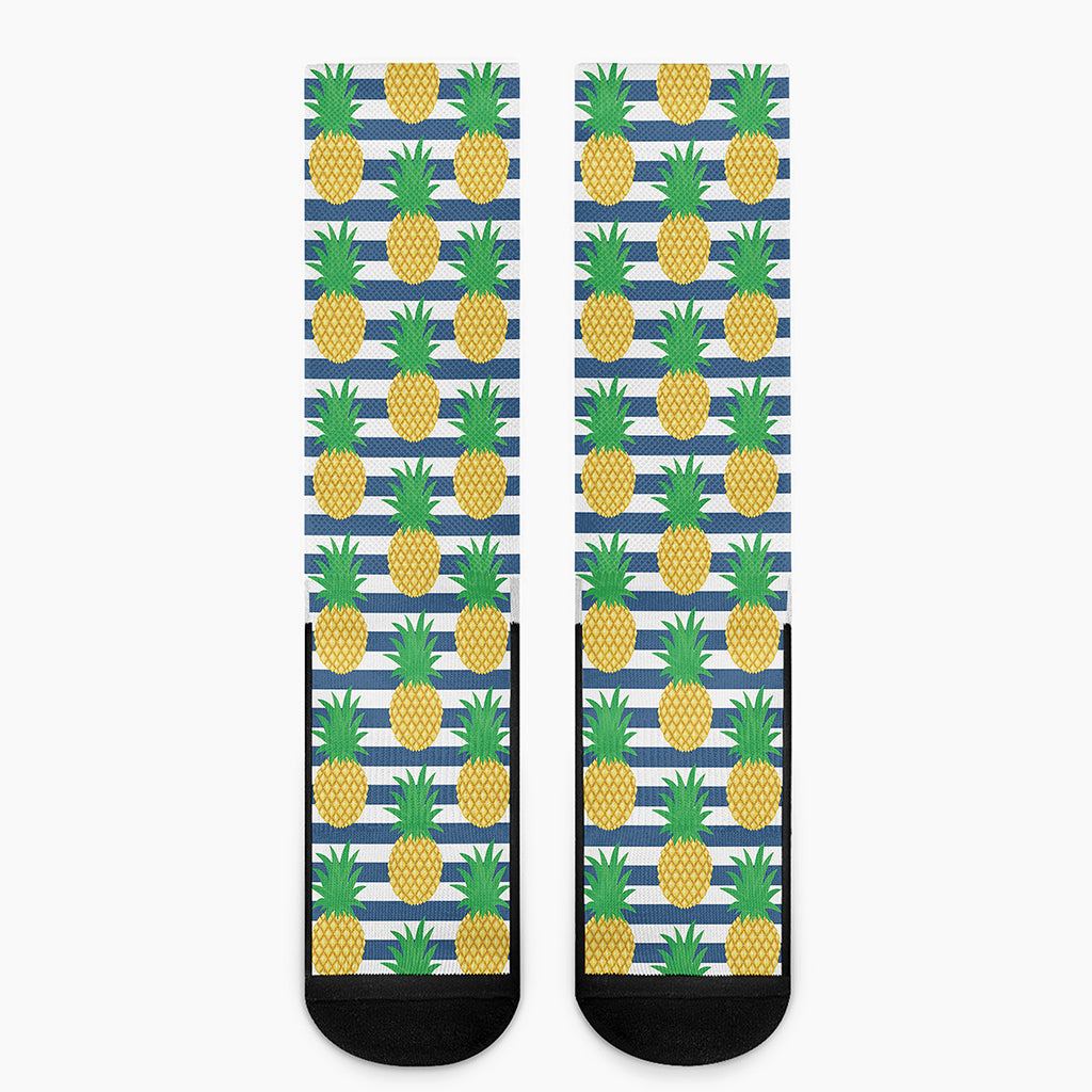 Blue Striped Pineapple Pattern Print Crew Socks