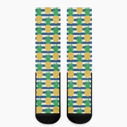 Blue Striped Pineapple Pattern Print Crew Socks