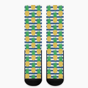 Blue Striped Pineapple Pattern Print Crew Socks